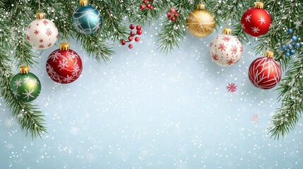 Vertical festive arrangement of fir branches with colorful baubles and ornaments against light blue background for holiday season