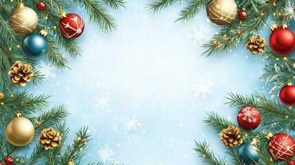 Vertical Holiday Banner with Evergreen Branches and Vibrant Sphere Ornaments on Pale Blue Backdrop