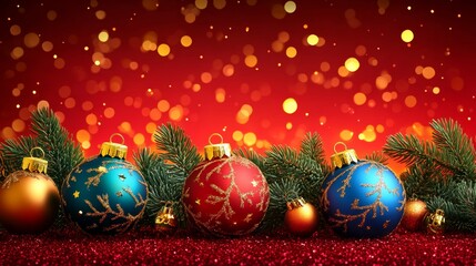Vibrant Festive Baubles and Pine Tree Branches Arranged on Rich Red Background for Holiday Celebrations