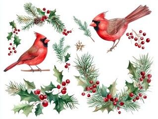 Watercolor Christmas Wreaths Bouquets Winter Greenery Cardinal Bird Holly Berries Fir Branches