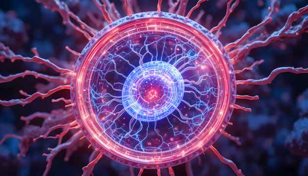 Dynamic cell structure with glowing energy pathways, ideal for medical, scientific, and futuristic concepts with vibrant details.