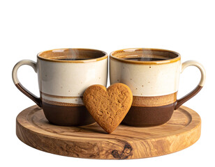 Set of Two matching mugs of coffee with visible steam rising, a heart-shaped cookie