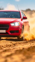 Obraz premium Red car speeding on sandy terrain, dust trails visible