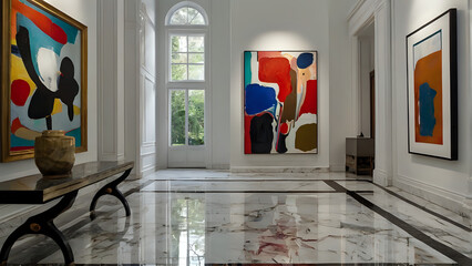 White walls, spotlighted abstract paintings, and polished marble flooring