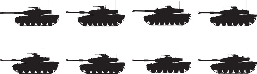 A set of Military tank silhouette war battle scene vector illustration flat design