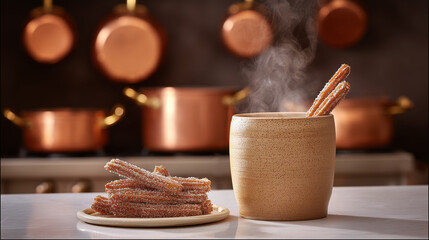 churros. A clay cup of hot chocolate with churros, capturing the warmth of Spanish National Day. menu design, packaging mockups, designed for culinary blogs and recipe cards for restaurants.