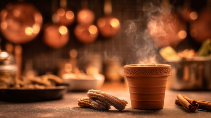 churros. A clay cup of hot chocolate with churros, capturing the warmth of Spanish National Day. menu design, packaging mockups, designed for culinary blogs and recipe cards for restaurants.