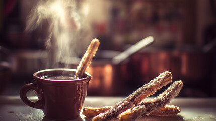 churros. A clay cup of hot chocolate with churros, capturing the warmth of Spanish National Day. menu design, packaging mockups, designed for culinary blogs and recipe cards for restaurants.