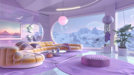 retro futurism living room with 1960s inspired furniture, pastel colors, chrome accents, futuristic details, cinematic 16:9