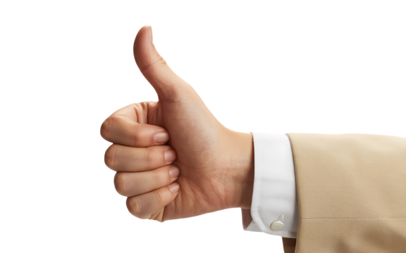 A closeup shot of a hand giving a thumbs up, isolated on transparent background, showcasing a positive gesture of approval, agreement, or success in a professional setting