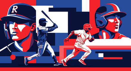 Mural style illustration of baseball players in action, highlighting the intensity of batting and fielding with bold geometric shapes, vivid colors, and dynamic energy on the field