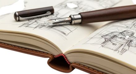 Closeup of fountain pen on open sketchbook with drawings isolated on transparent background