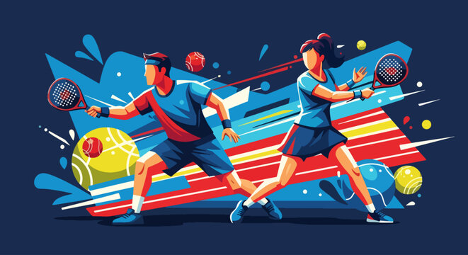 Mural style illustration of padel tennis players in action on a vibrant court, highlighting energy, teamwork, competition, and the dynamic spirit of modern racket sports