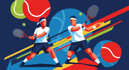 Mural style illustration of two tennis players in action with dynamic strokes and bold shapes, symbolizing sports energy, competition, teamwork, athletic lifestyle, and fitness inspiration