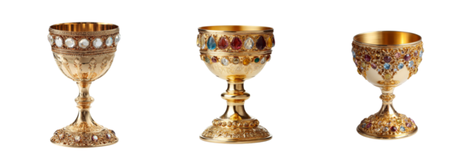 Ornate Royal Goblets, Jeweled Chalices, and Antique Ceremonial Cups with Gemstones - PNG set Transparent backround