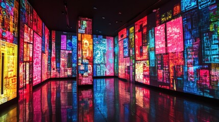 Colorful digital art exhibit, vibrant displays