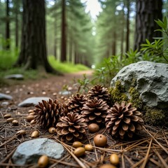 Pine nuts and rocks in the pine forest