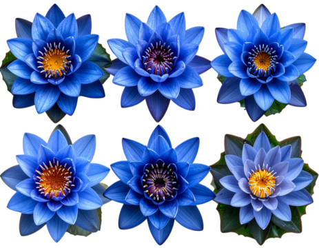 Set of Top-down view of a blooming Blue Water Lily (Nymphaea nouchali), petals arrang