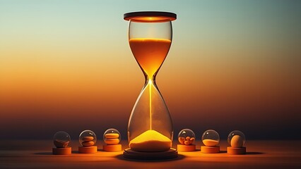A glowing hourglass with golden sand flowing upwards, surrounded by symbolic objects representing healthy habits against a dawn gradient.