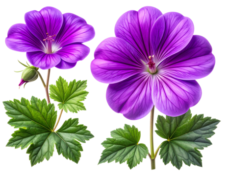 Set of Single vivid purple geranium bloom centered and on transparent png background. 