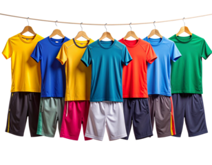 Set of Sportswear in vivid hues (jerseys, running shorts, yoga pants) clipped in sequ