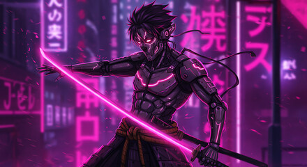 Cyberpunk samurai with glowing sword in neon city