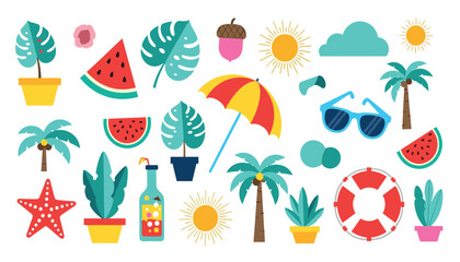 Vector art of collection of summer vacation icons and elements, including palm trees, sunglasses, watermelon, umbrella, and starfish 