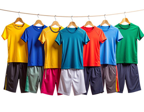 Set of Sportswear in vivid hues (jerseys, running shorts, yoga pants) clipped in sequ