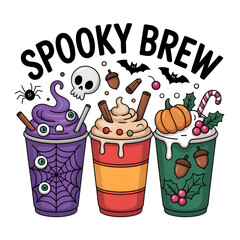 Spooky Brew Halloween drinks with creepy toppings, bubble tea, and fun cartoon design elements
