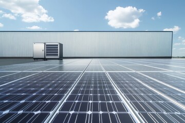 Solar panels on a rooftop with a storage unit under a clear sky