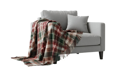 Cozy Armchair with Plaid Blanket and Cushion Transparent Background