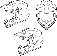 Flat vector CAD drawing of motocross helmet, detailed line sketch, front and side view, protective gear, racing safety illustration
