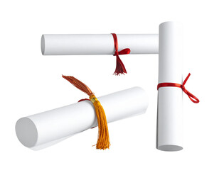 Set of Rolled diploma scroll with tassel lying flat on a pristine on transparent png   