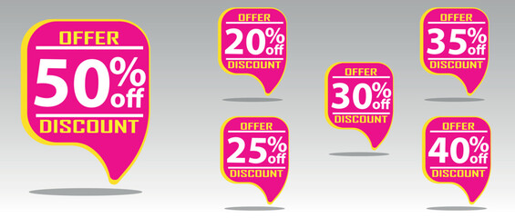 Discount buy now label pop-up banner with different sale percentage. 20, 25, 30, 35, 40, 50 percent off price reduction badge promotion, red discount sale tags with percentages	