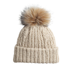 Beige knit beanie with faux fur pompom, soft winter fashion hat, white isolated background