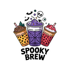 Spooky Brew Halloween drinks with creepy toppings, bubble tea, and fun cartoon design elements
