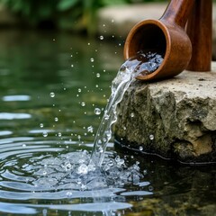 The scene of pouring water from a pottery jar into a pool