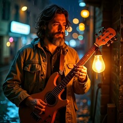 The figure playing an instrument under the lamp