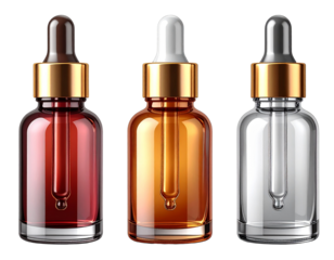 Set of Realistic 3D modeling of a serum dropper bottle with shiny glass and metallic v