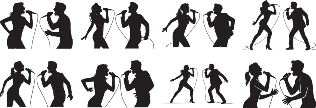 A group of A woman and a man singing with a microphone silhouette vector, black and white silhouette vector illustration