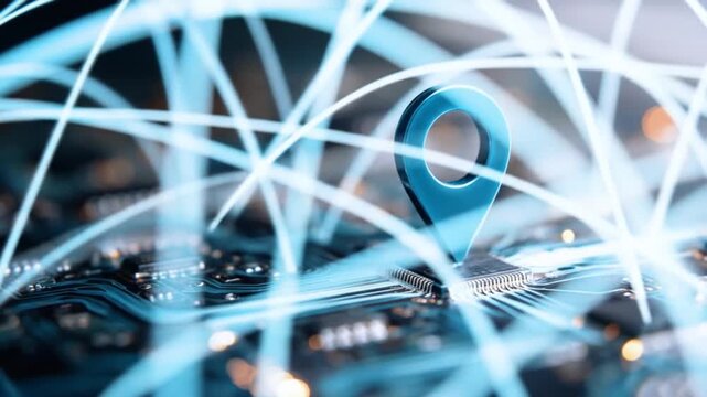 Digital location concept glowing pin over electronic circuit board