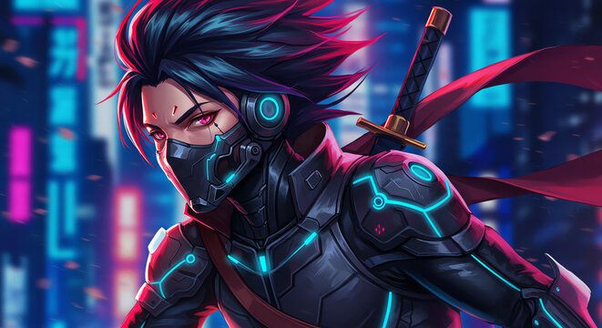 Cyberpunk warrior with katana and futuristic mask