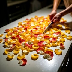 The petals and hands on the wooden table