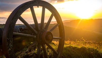 Antique cannon wheel at sunset