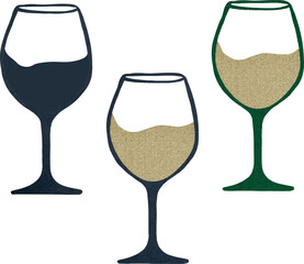 Vector watercolor illustration set of Christmas goblets and wine glasses with golden festive drink