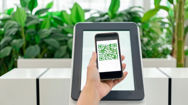 A person scans a QR code on a smartphone next to a digital screen in a green environment.
