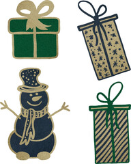 Vector watercolor illustration set of Christmas ornaments: snowman and three types of gift boxes in festive textile style