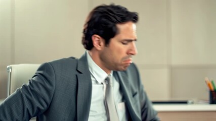 A businessman looks frustrated while reading a green folder in an office setting. - Powered by Adobe