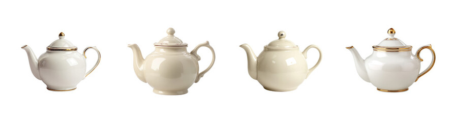 Elegant porcelain teapots with gold accents, classic design, isolated on black PNG set Transparent backround