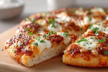 Close Up Shot of Fresh Italian Pizza with Mozzarella Cheese and Herbs on a Wooden Surface